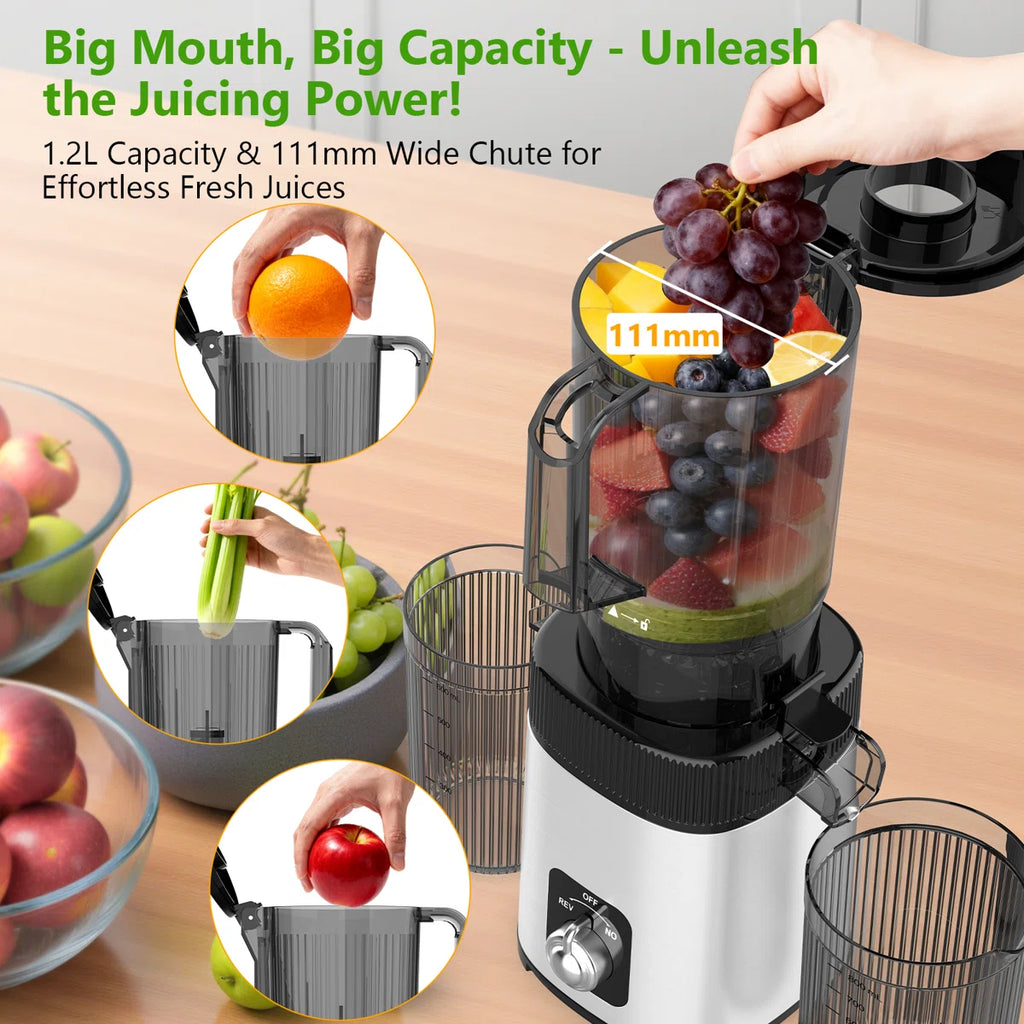 Cold Press Juicer With 4.4" Extra-Wide Feed Chute – Slow Masticating Electric Juicer For Whole Fruits & Vegetables, Delivers 35% Higher Juice Yield & 98% Nutrient Retention, Easy Assembly & Dishwasher-Safe Cleaning, Ultra-Quiet 65Db Operation