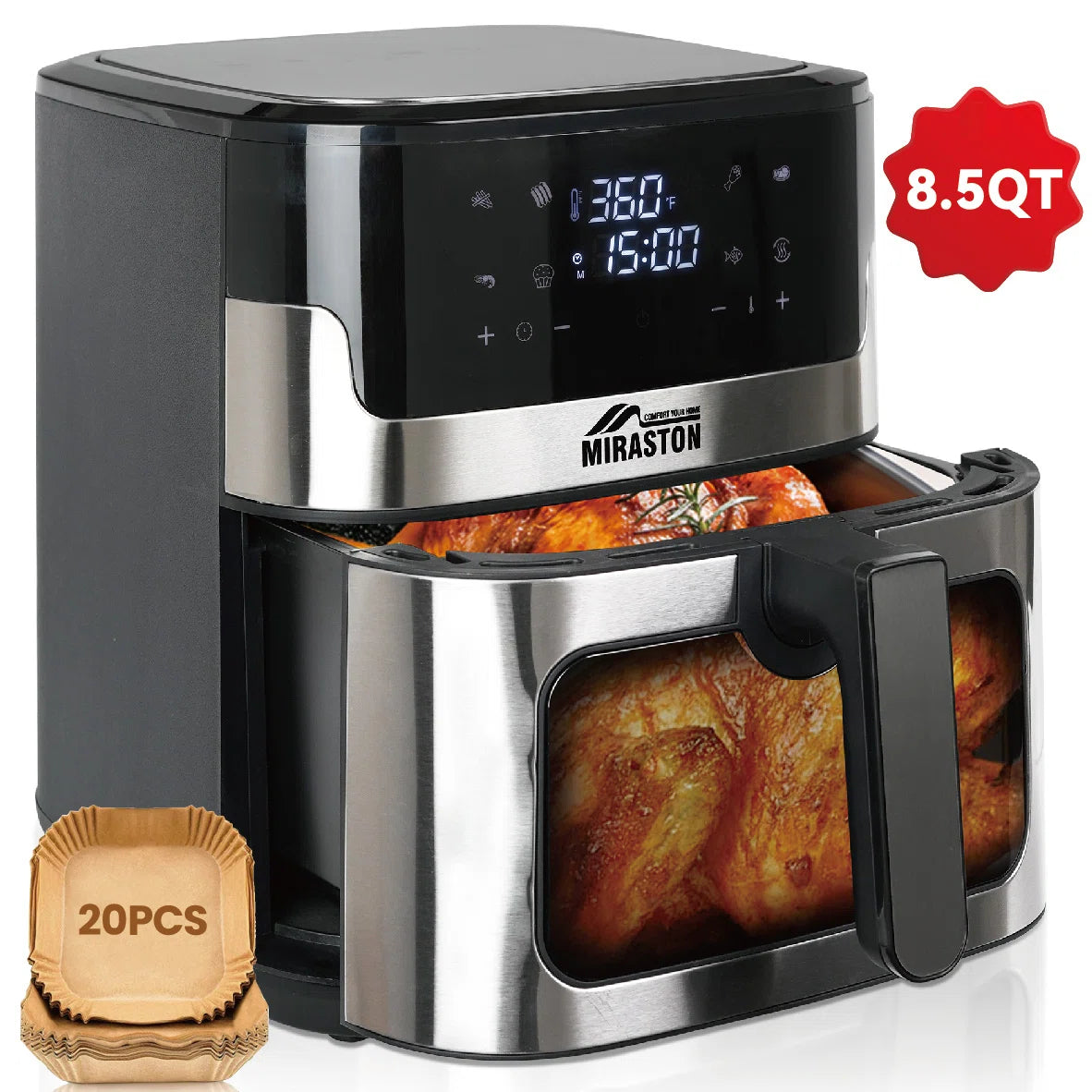 Air Fryer, 8.5qt Family Size Digital Air Fryers, Bpa-free, Smart Touchscreen With 8-preset, Air Frying, Reheat Leftovers, Party Food, Fast Cooking, Dishwasher-safe, Stainless Steel 304
