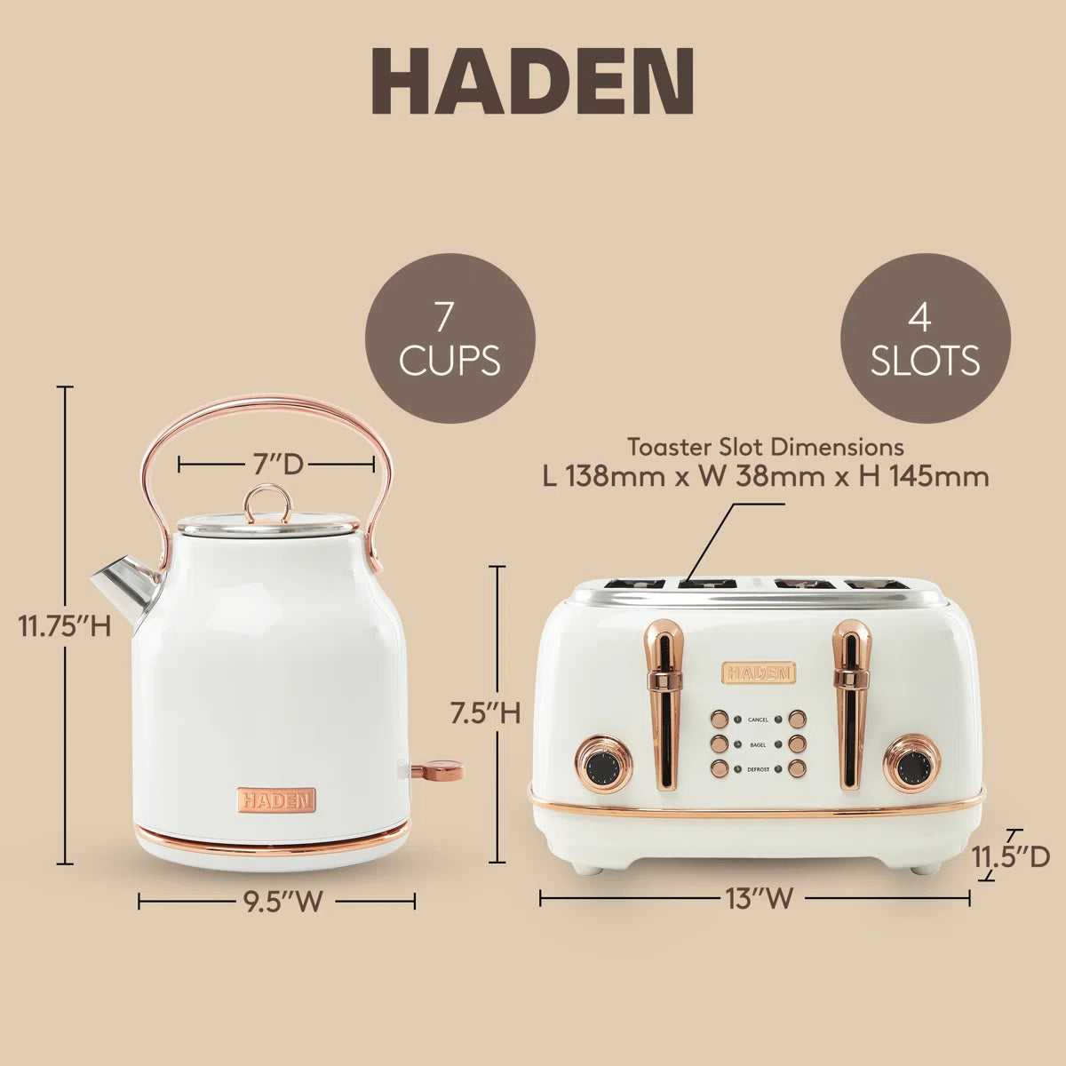 Haden Heritage 4 Slice Wide Slot Toaster with Heritage 1.7L Home Electric Kettle