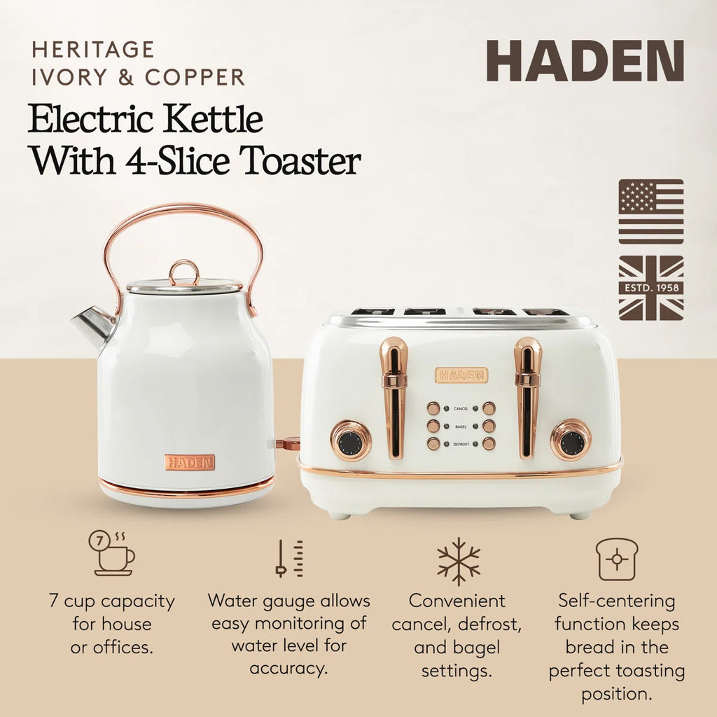 Haden Heritage 4 Slice Wide Slot Toaster with Heritage 1.7L Home Electric Kettle