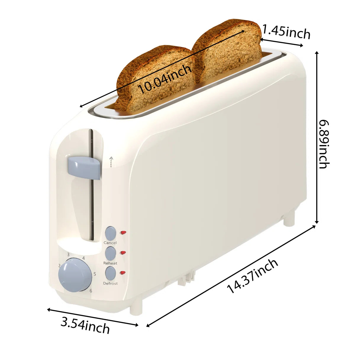 White 2-Slice Slim Toaster - 10" Long Slot For Bagels & Artisan Bread, 6 Shade Settings, Cancel/Reheat/Defrost, Removable Crumb Tray, Auto Shut-Off