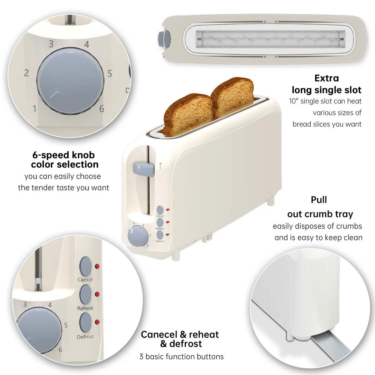 White 2-Slice Slim Toaster - 10" Long Slot For Bagels & Artisan Bread, 6 Shade Settings, Cancel/Reheat/Defrost, Removable Crumb Tray, Auto Shut-Off